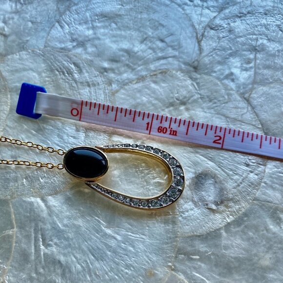 Gold Necklace with Black Cabochon and CZ - Picture 6 of 7